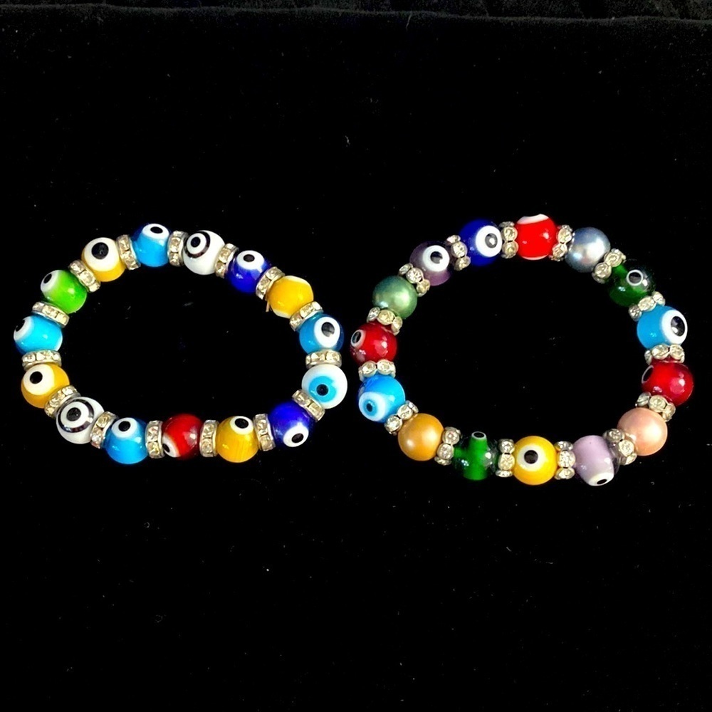 Set of Two Multi Color Evil Eye Bracelet with Crystal Beads Stretch Bracelets